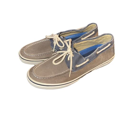Sperry Mens 11.5 HALYARD Chocolate Navy Salt Washed Boat Shoes Gray Blue - Picture 1 of 8